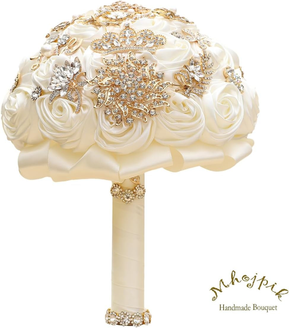 Handmade Wedding Flowers Bouquet round Holding Bridal Bouquet Artificial Satin Roses Bunch for Bride Bridesmaid Wedding Quinceanera