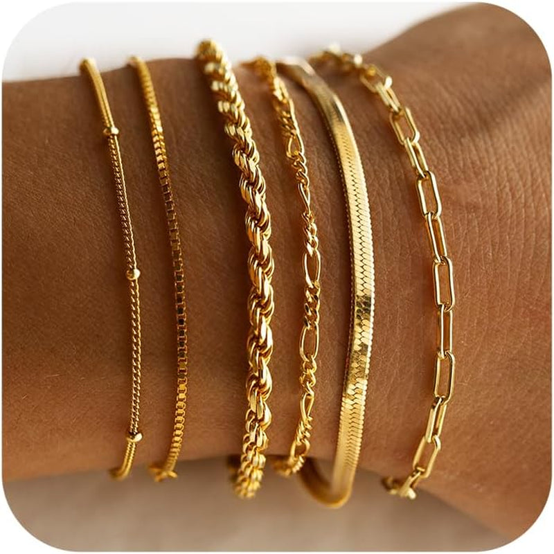 Gold Bracelets for Women Waterproof, 14K Real Gold Jewelry Sets Trendy Thin Dainty Stackable Cuban Link Paperclip Chain Bracelet Pack Fashion Accessories Gifts for Womens