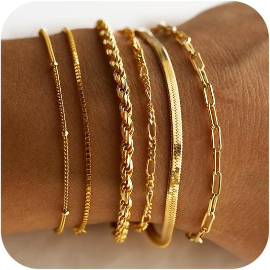 Gold Bracelets for Women Waterproof, 14K Real Gold Jewelry Sets Trendy Thin Dainty Stackable Cuban Link Paperclip Chain Bracelet Pack Fashion Accessories Gifts for Womens