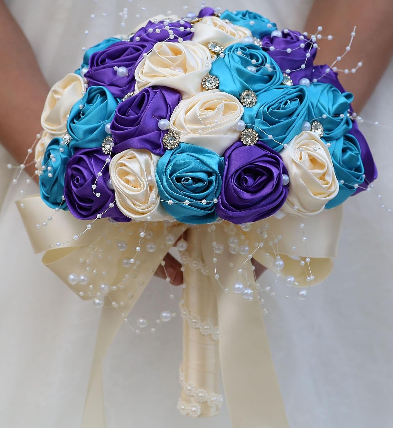 Bridal Wedding Bouquet round Bling Brooch Bouquet Throw Toss Artificial Rose Flower Bunch for Bride Bridesmaid Wedding Quinceanera(White & Black, 7.5")