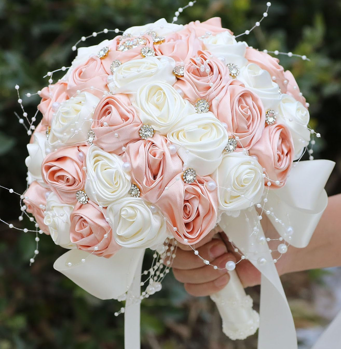 Bridal Wedding Bouquet round Bling Brooch Bouquet Throw Toss Artificial Rose Flower Bunch for Bride Bridesmaid Wedding Quinceanera(White & Black, 7.5")