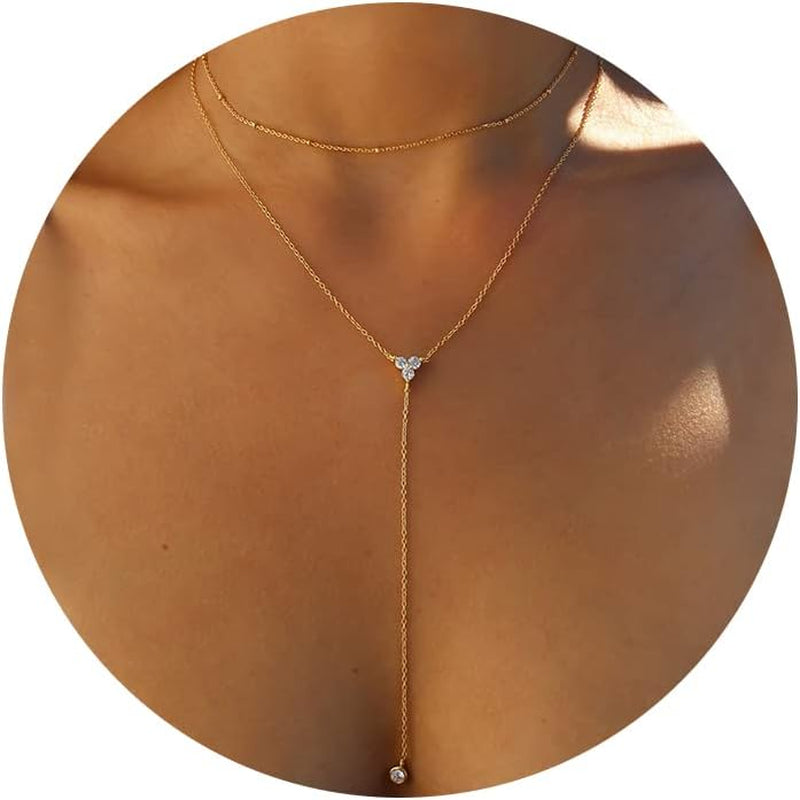 Lariat Gold Necklace for Women, Dainty Long Necklace 14K Gold Plated/Silver Y-Shaped Pendant Necklace Trendy Layered Cz Beaded Chain Drop Necklaces Simple Gold Jewelry for Women Gift