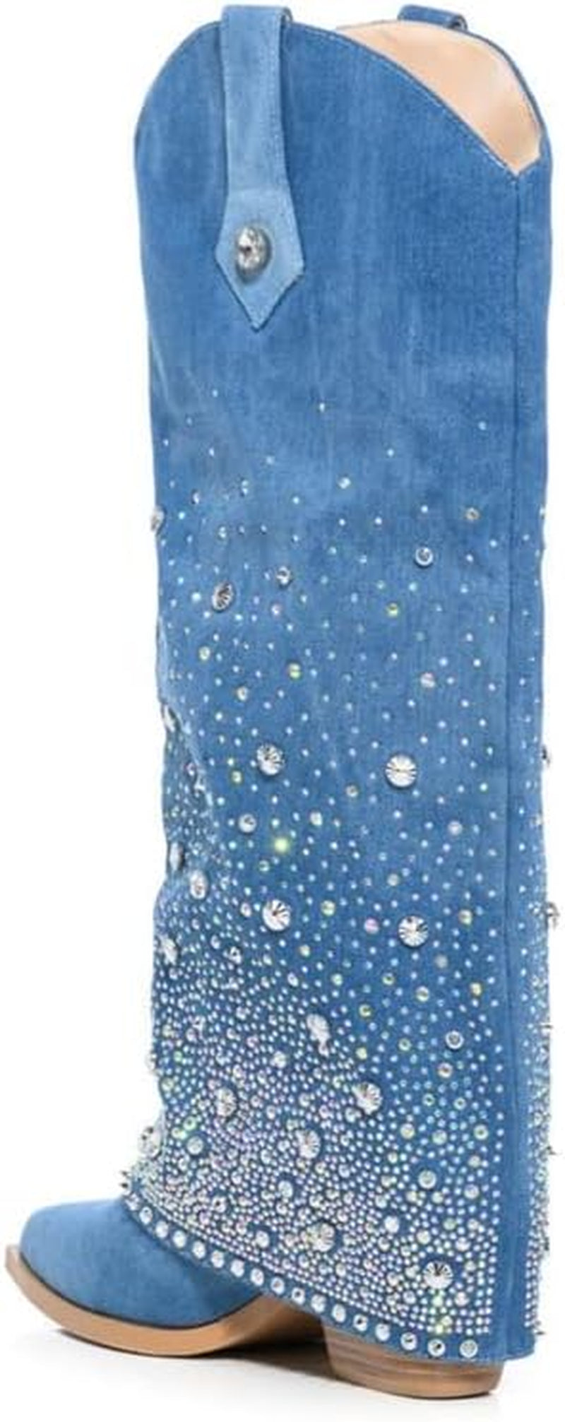 Women'S Sparkly Rhinestone Cowboy Western Denim Boots Knee High Pointed Toe Pull-On Jean Boots