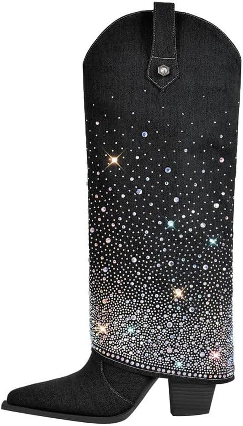 Women'S Sparkly Rhinestone Cowboy Western Denim Boots Knee High Pointed Toe Pull-On Jean Boots