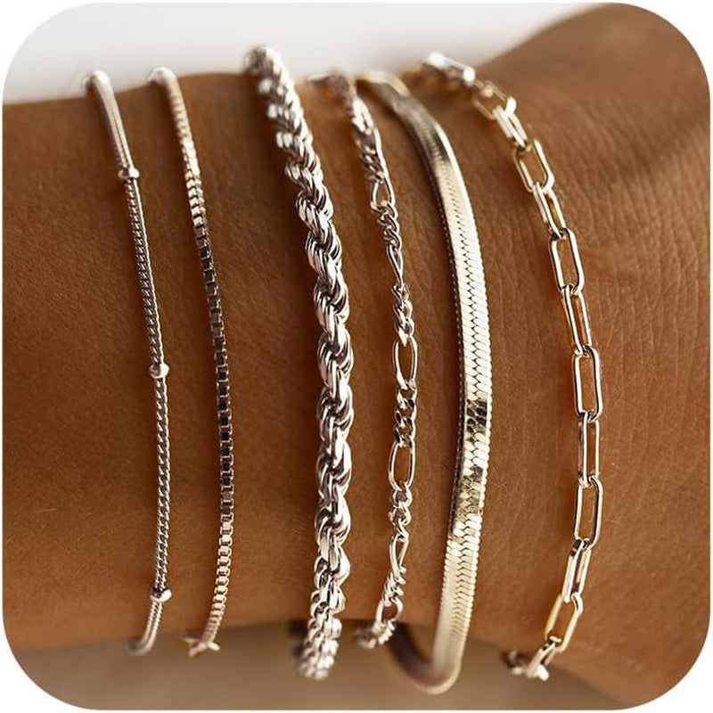 Gold Bracelets for Women Waterproof, 14K Real Gold Jewelry Sets Trendy Thin Dainty Stackable Cuban Link Paperclip Chain Bracelet Pack Fashion Accessories Gifts for Womens