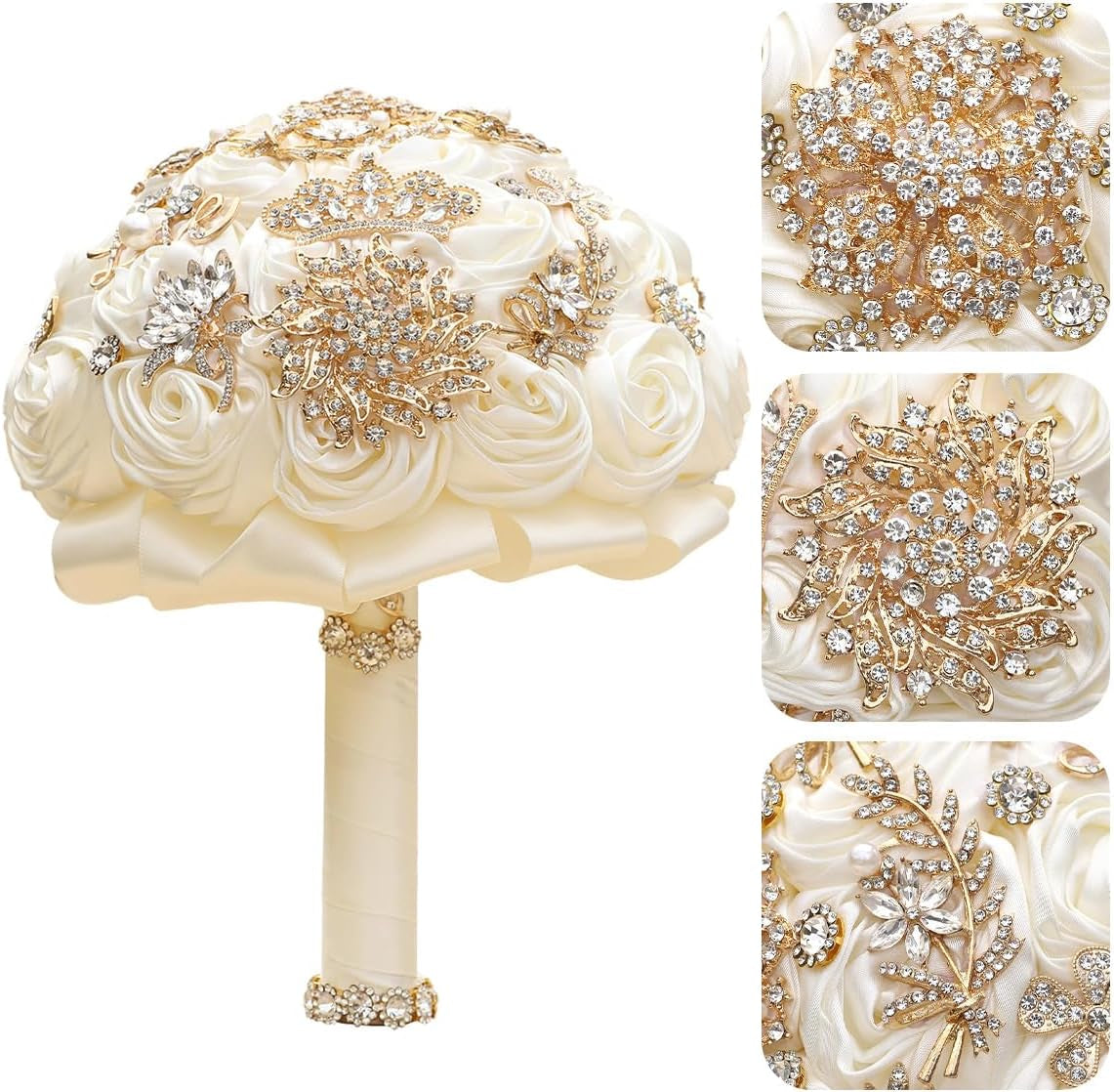 Handmade Wedding Flowers Bouquet round Holding Bridal Bouquet Artificial Satin Roses Bunch for Bride Bridesmaid Wedding Quinceanera