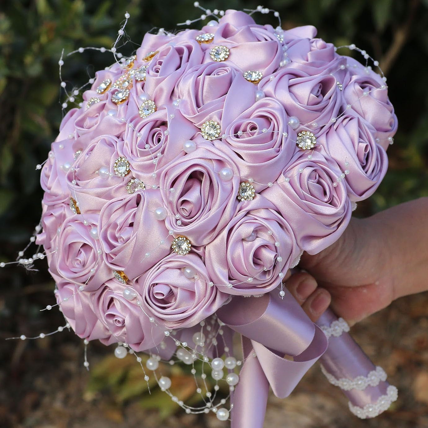 Bridal Wedding Bouquet round Bling Brooch Bouquet Throw Toss Artificial Rose Flower Bunch for Bride Bridesmaid Wedding Quinceanera(White & Black, 7.5")