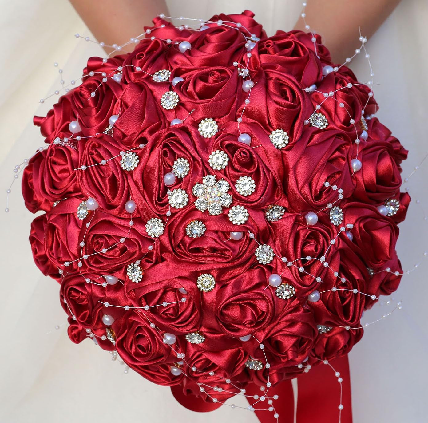 Bridal Wedding Bouquet round Bling Brooch Bouquet Throw Toss Artificial Rose Flower Bunch for Bride Bridesmaid Wedding Quinceanera(White & Black, 7.5")