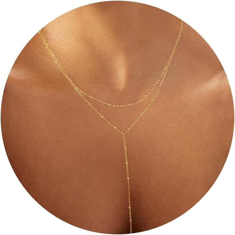 Lariat Gold Necklace for Women, Dainty Long Necklace 14K Gold Plated/Silver Y-Shaped Pendant Necklace Trendy Layered Cz Beaded Chain Drop Necklaces Simple Gold Jewelry for Women Gift