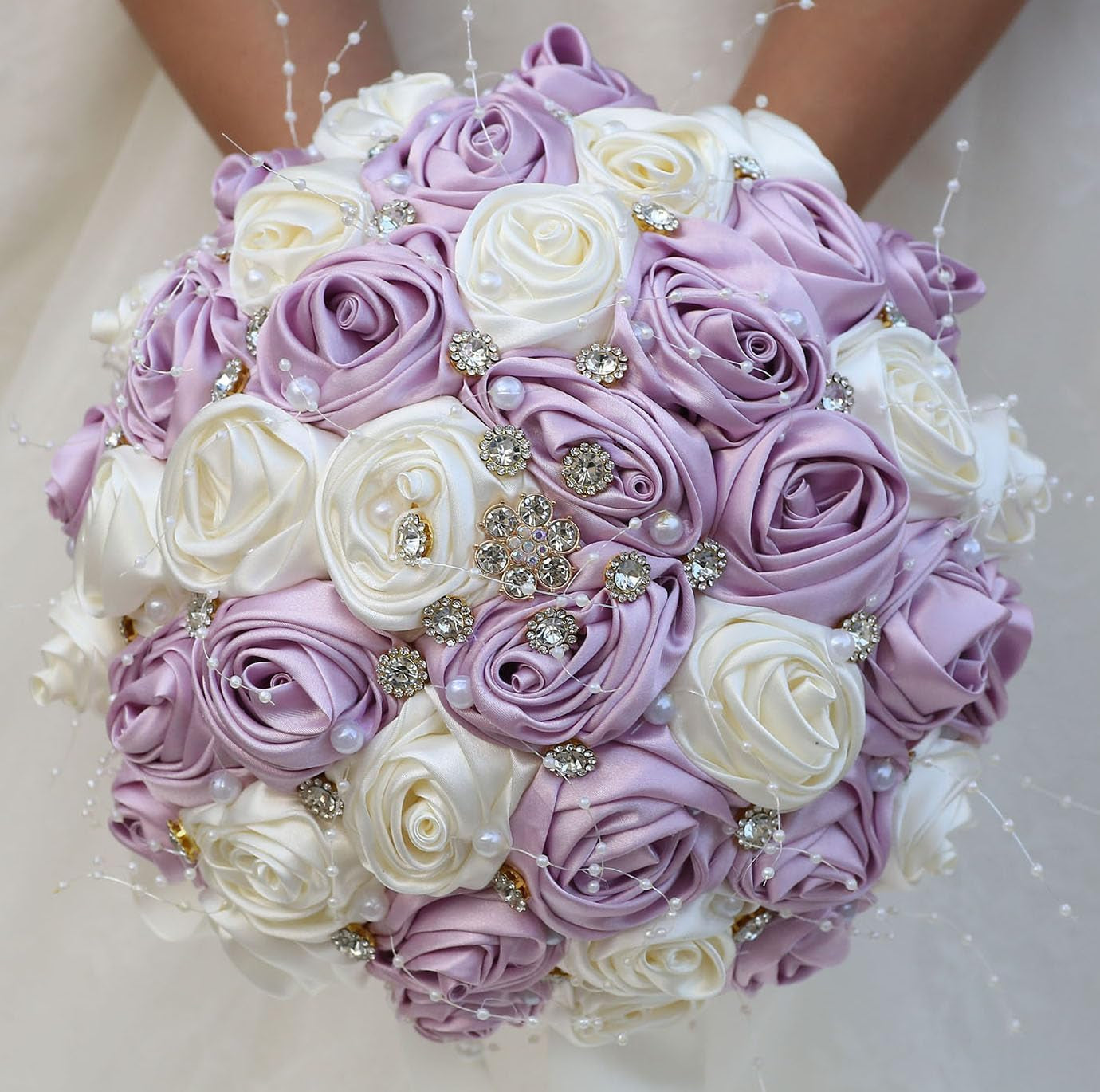 Bridal Wedding Bouquet round Bling Brooch Bouquet Throw Toss Artificial Rose Flower Bunch for Bride Bridesmaid Wedding Quinceanera(White & Black, 7.5")
