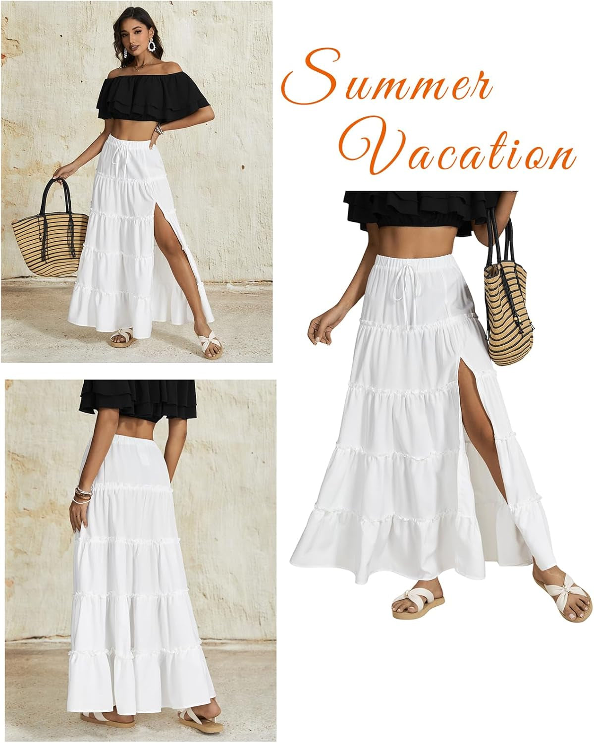 Women'S Elastic Waist Tie Front Tiered Ruffle Hem Long Maxi Skirt Y2K Split Thigh Flowy Skirts