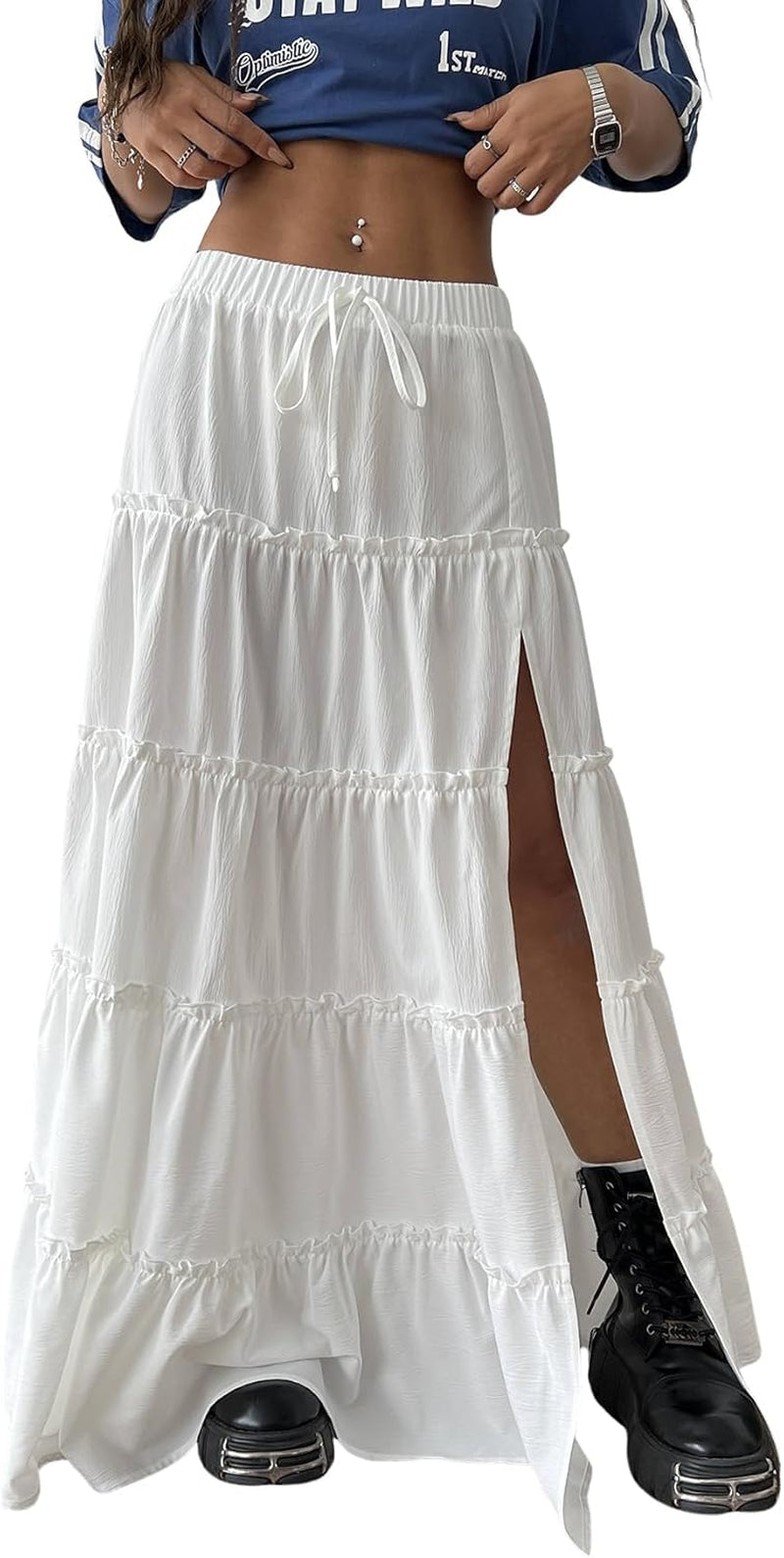 Women'S Elastic Waist Tie Front Tiered Ruffle Hem Long Maxi Skirt Y2K Split Thigh Flowy Skirts
