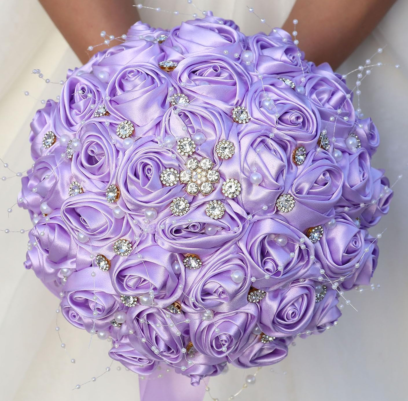 Bridal Wedding Bouquet round Bling Brooch Bouquet Throw Toss Artificial Rose Flower Bunch for Bride Bridesmaid Wedding Quinceanera(White & Black, 7.5")