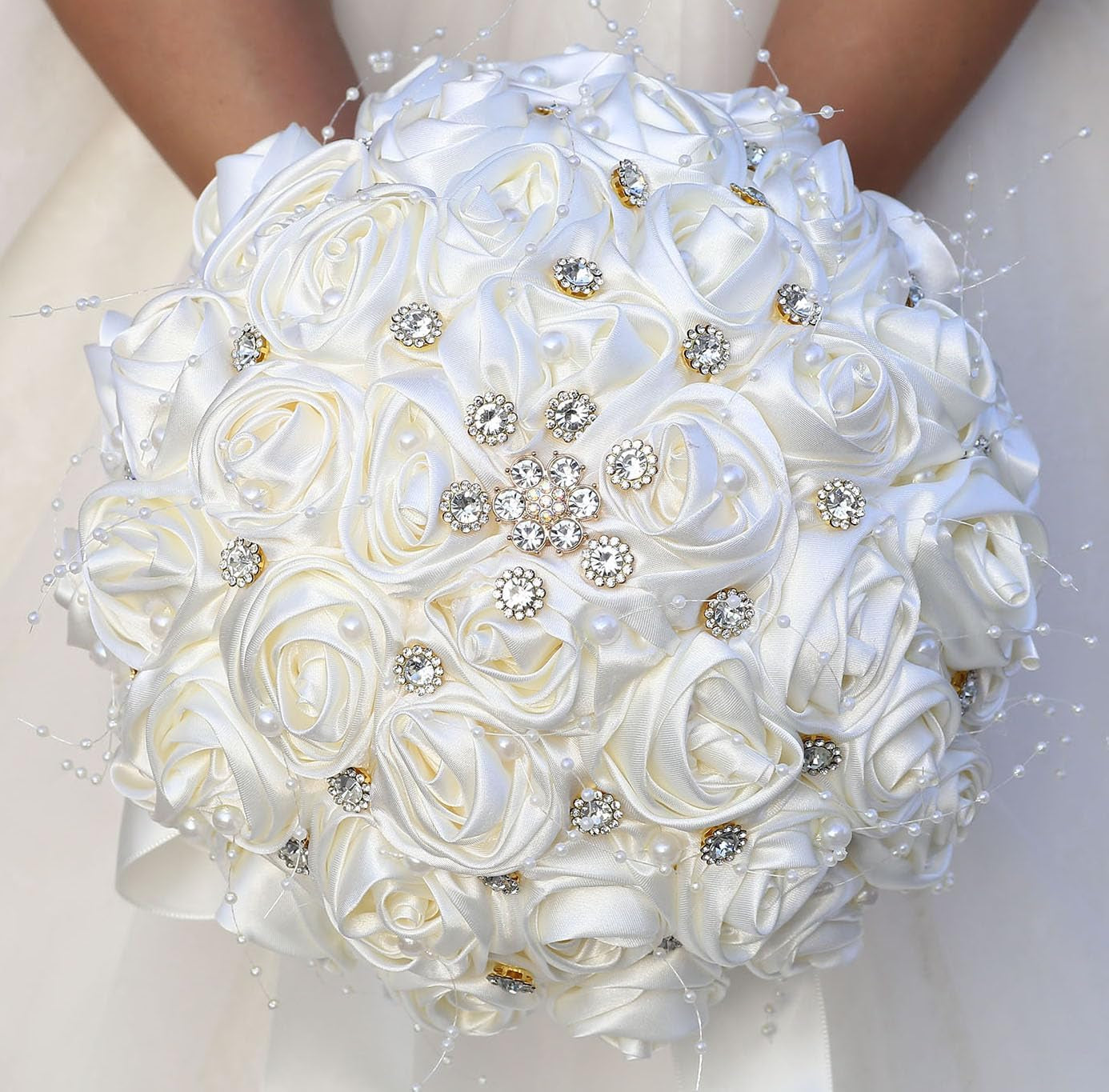 Bridal Wedding Bouquet round Bling Brooch Bouquet Throw Toss Artificial Rose Flower Bunch for Bride Bridesmaid Wedding Quinceanera(White & Black, 7.5")