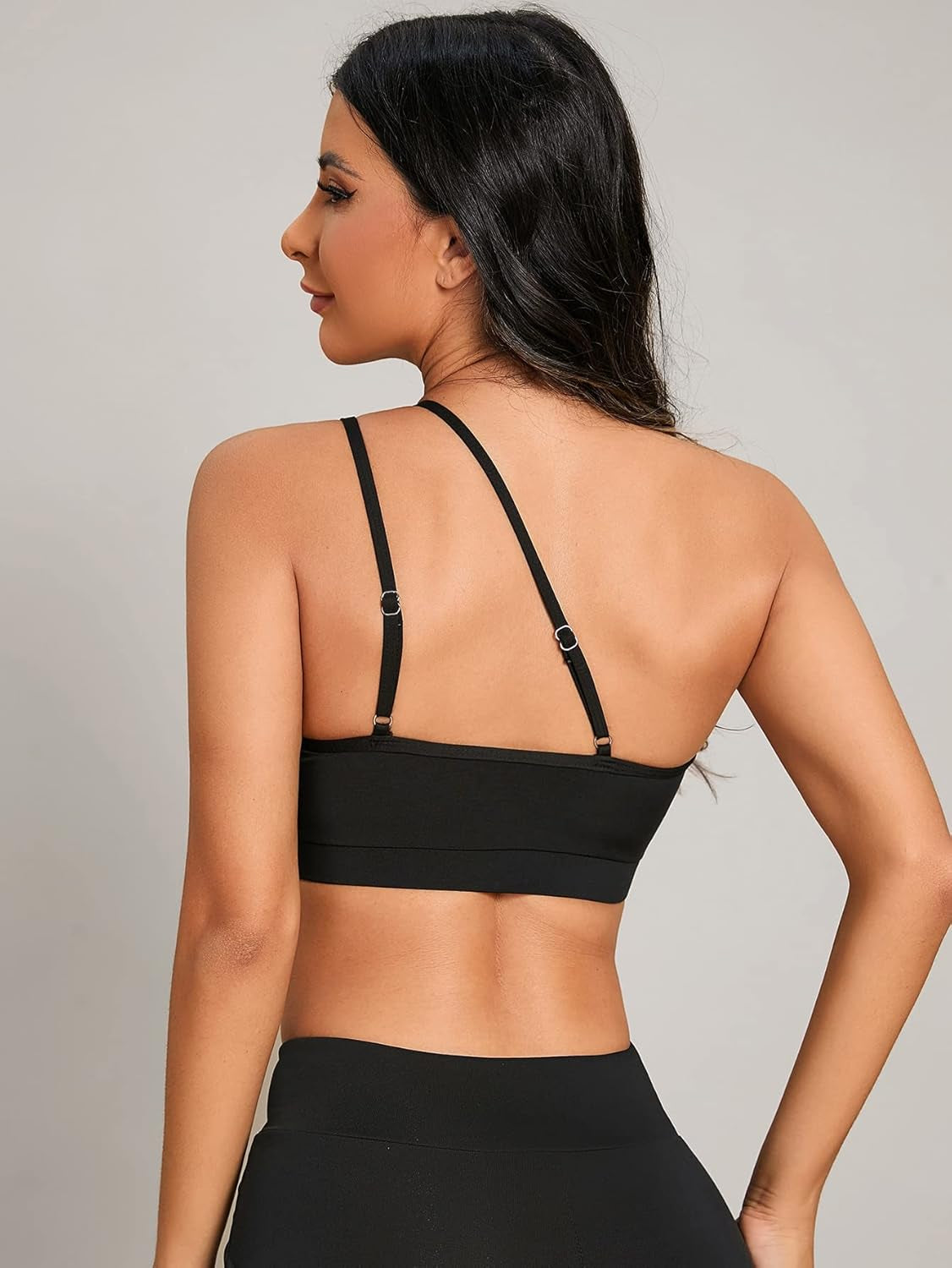 Trendy One-Shoulder Sports Bra Contrast Mesh Yoga Top for Light Support & Stylish Comfort 