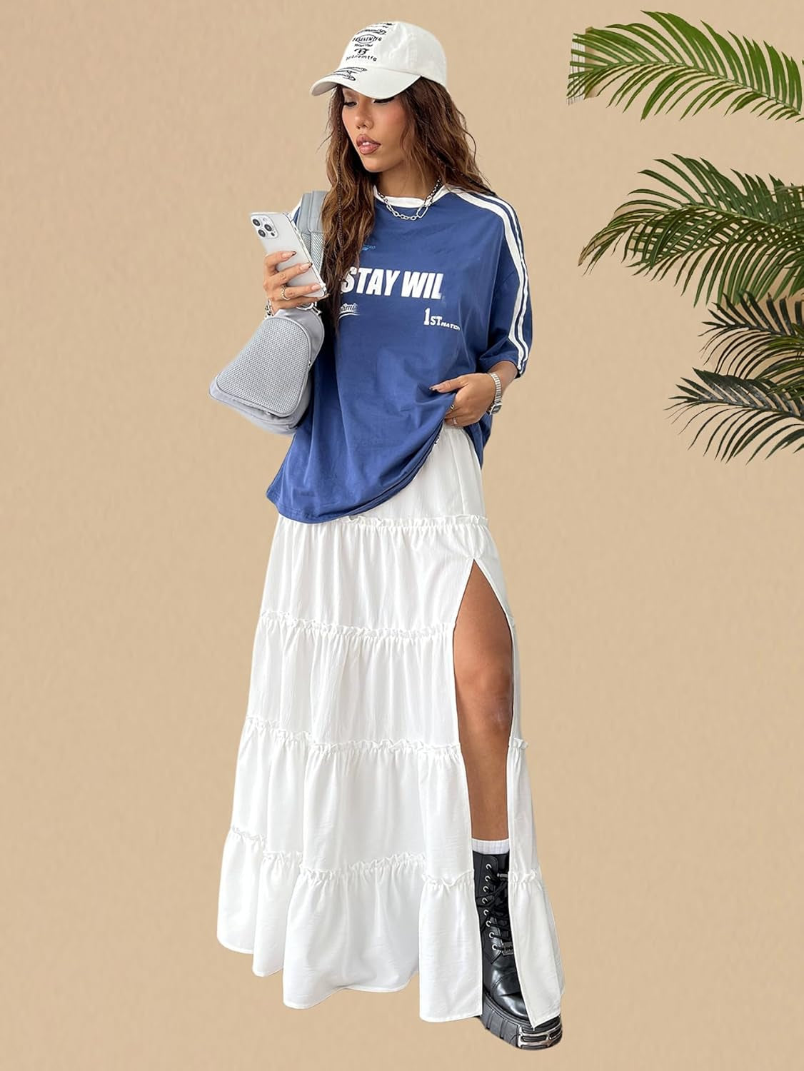 Women'S Elastic Waist Tie Front Tiered Ruffle Hem Long Maxi Skirt Y2K Split Thigh Flowy Skirts