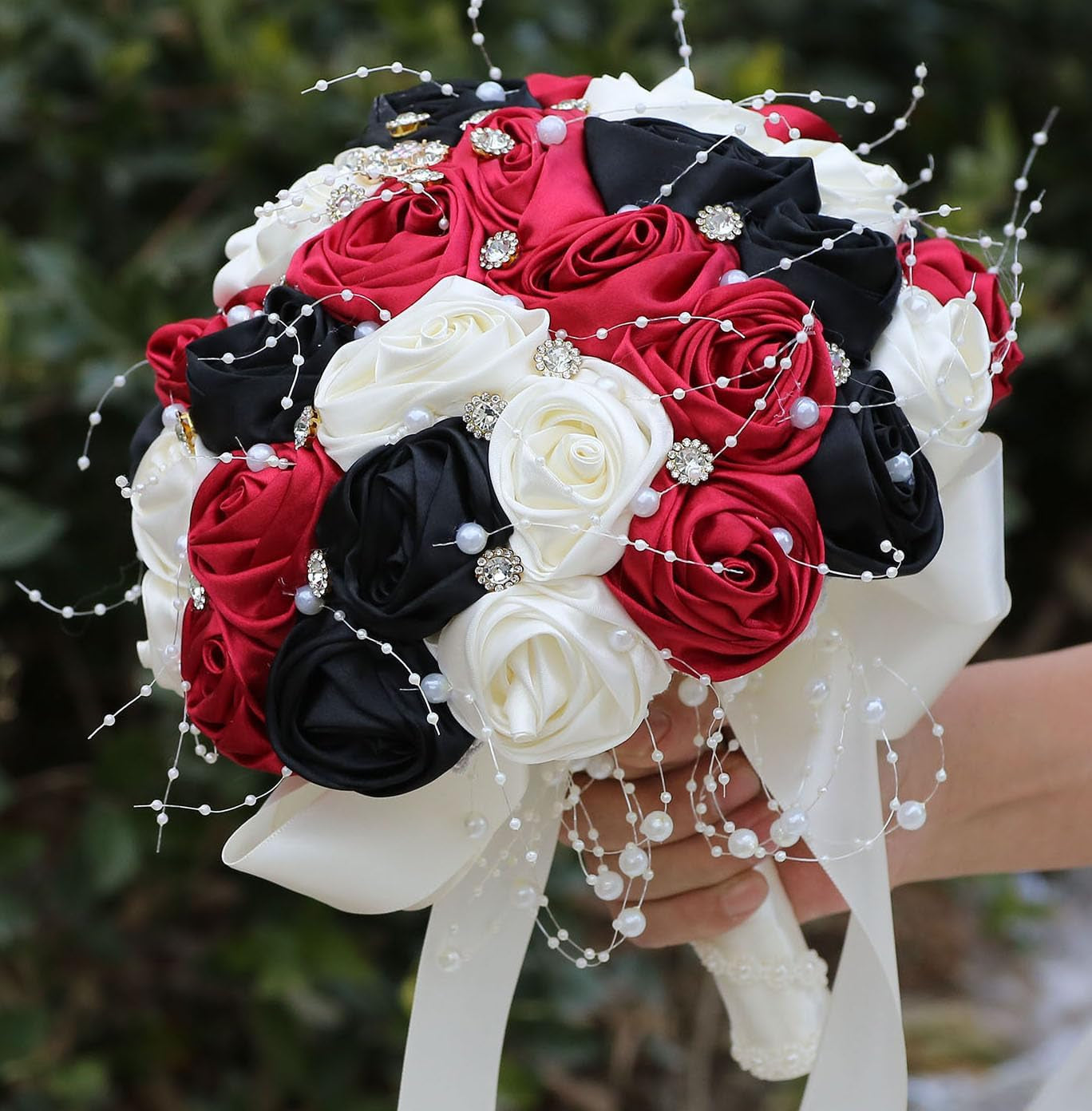 Bridal Wedding Bouquet round Bling Brooch Bouquet Throw Toss Artificial Rose Flower Bunch for Bride Bridesmaid Wedding Quinceanera(White & Black, 7.5")