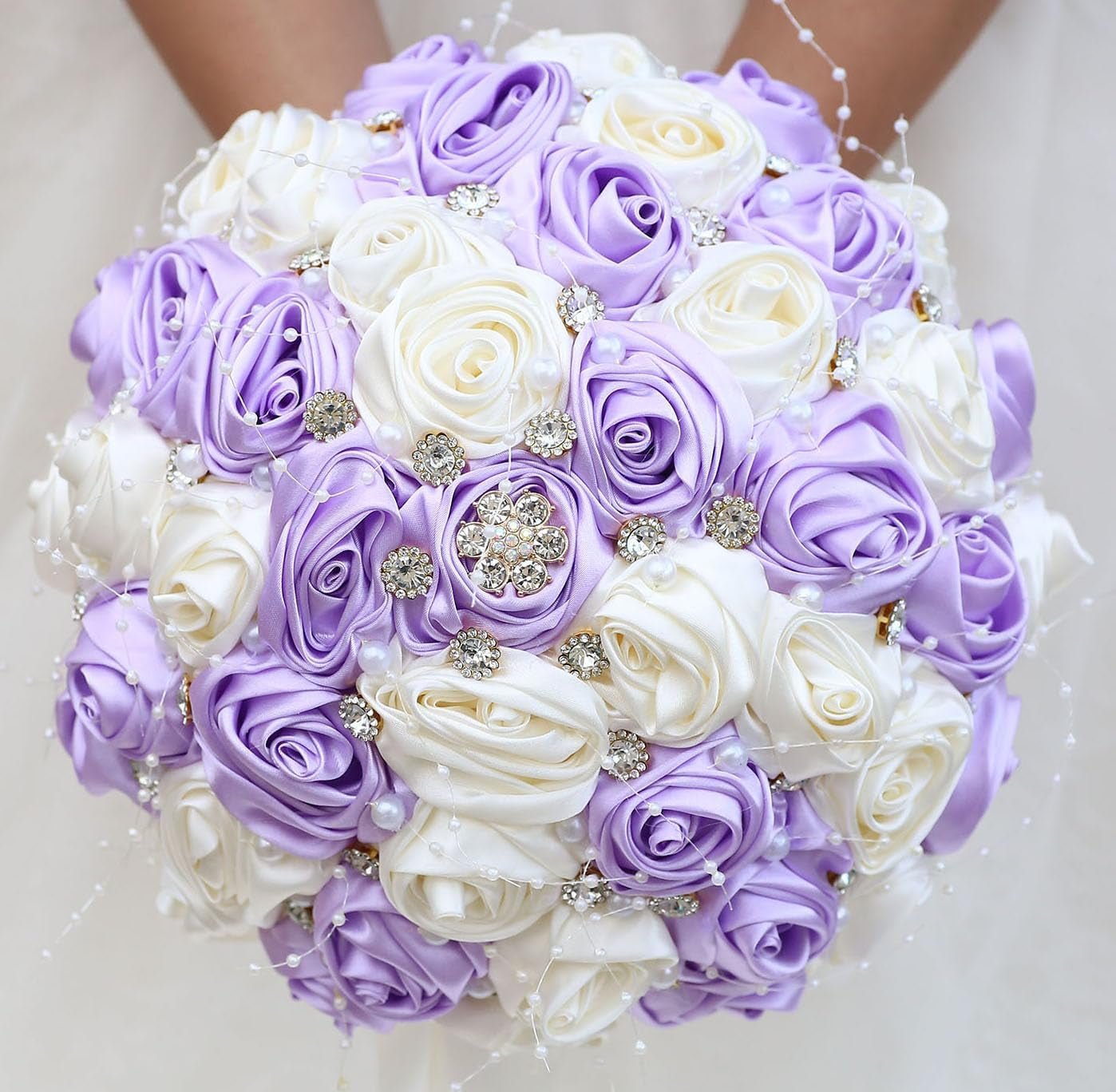 Bridal Wedding Bouquet round Bling Brooch Bouquet Throw Toss Artificial Rose Flower Bunch for Bride Bridesmaid Wedding Quinceanera(White & Black, 7.5")