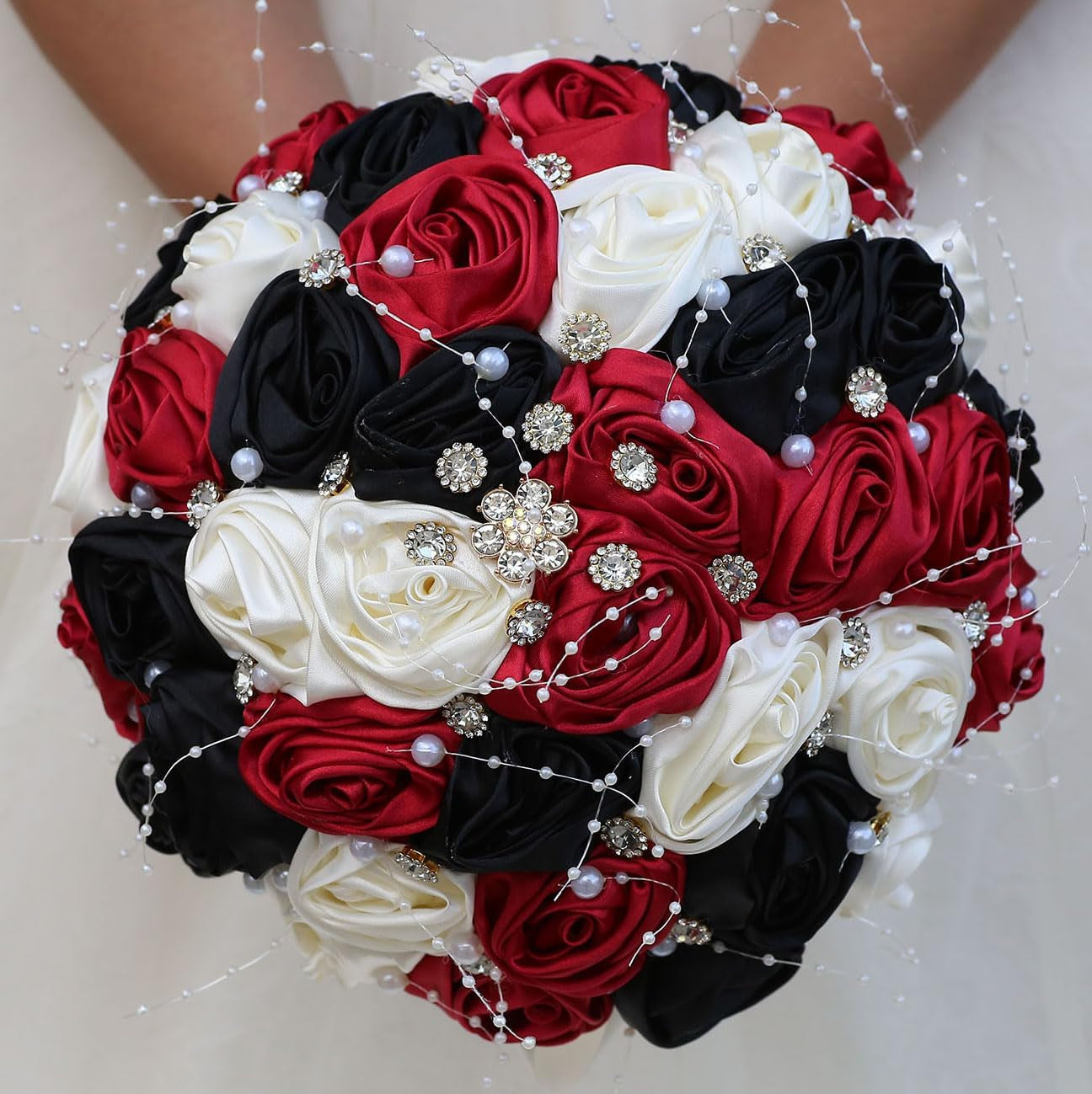 Bridal Wedding Bouquet round Bling Brooch Bouquet Throw Toss Artificial Rose Flower Bunch for Bride Bridesmaid Wedding Quinceanera(White & Black, 7.5")