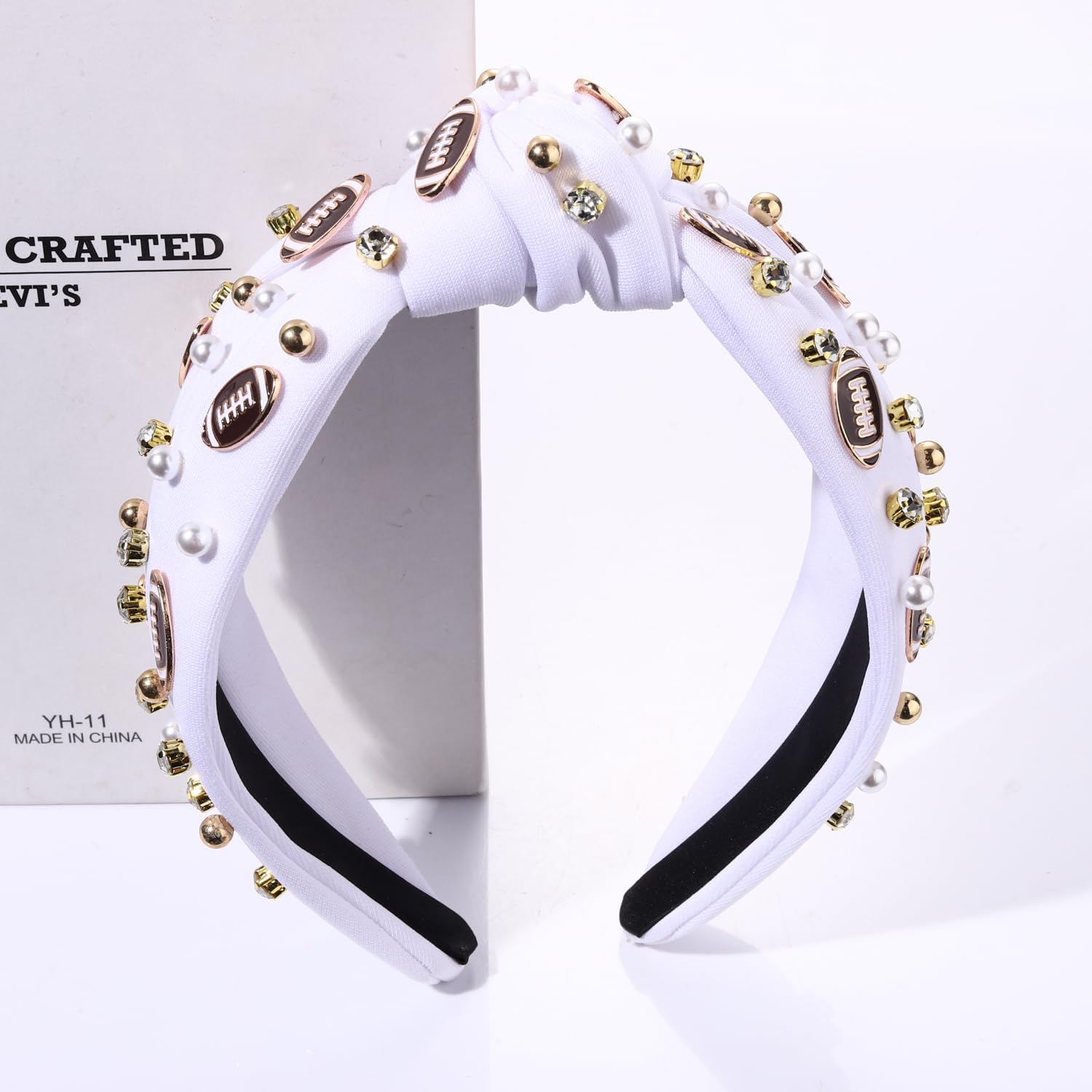 Football Headband for Women Football Accessories Pearl Rhinestone Wide Knot Headband Game Day Football Mom Outfit