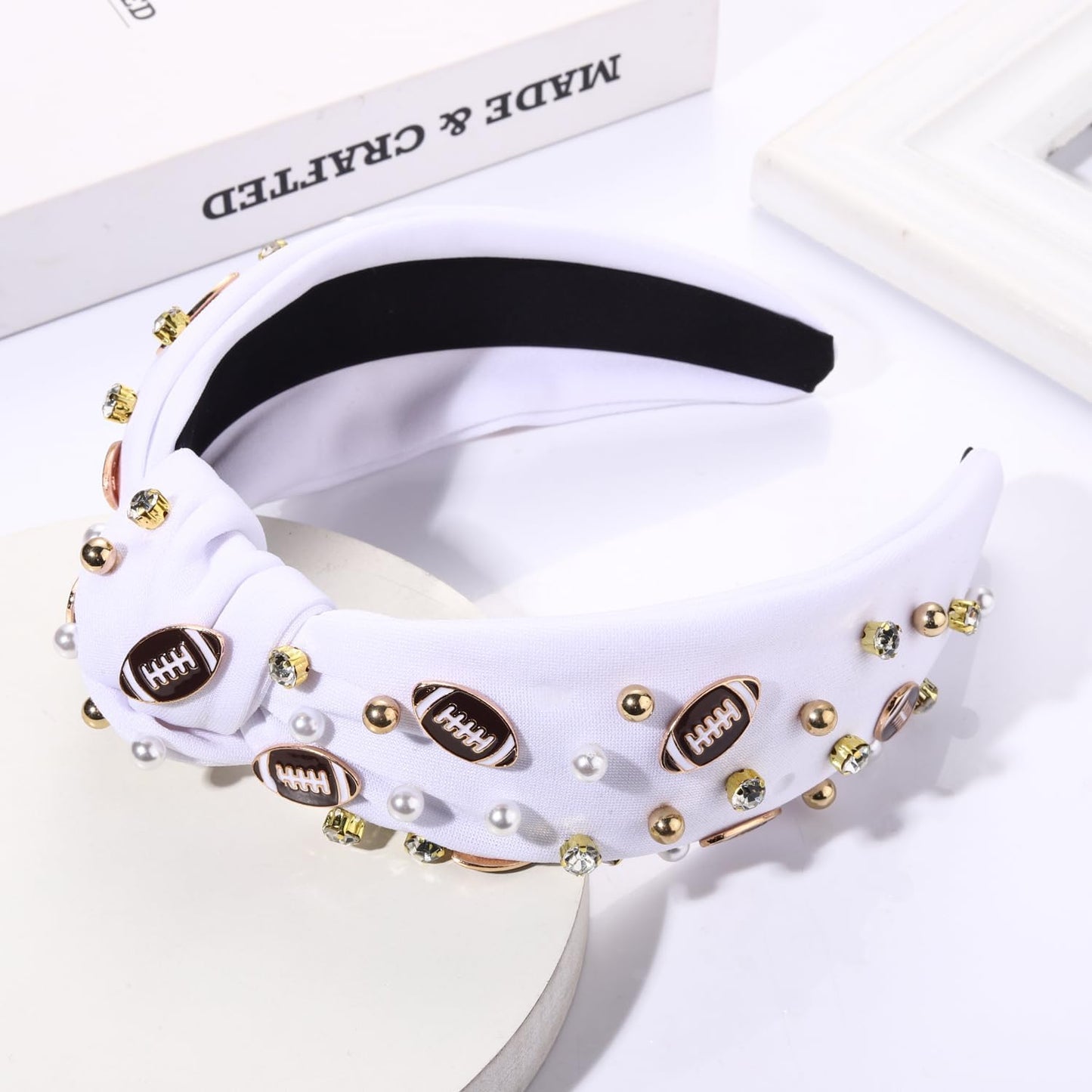 Football Headband for Women Football Accessories Pearl Rhinestone Wide Knot Headband Game Day Football Mom Outfit