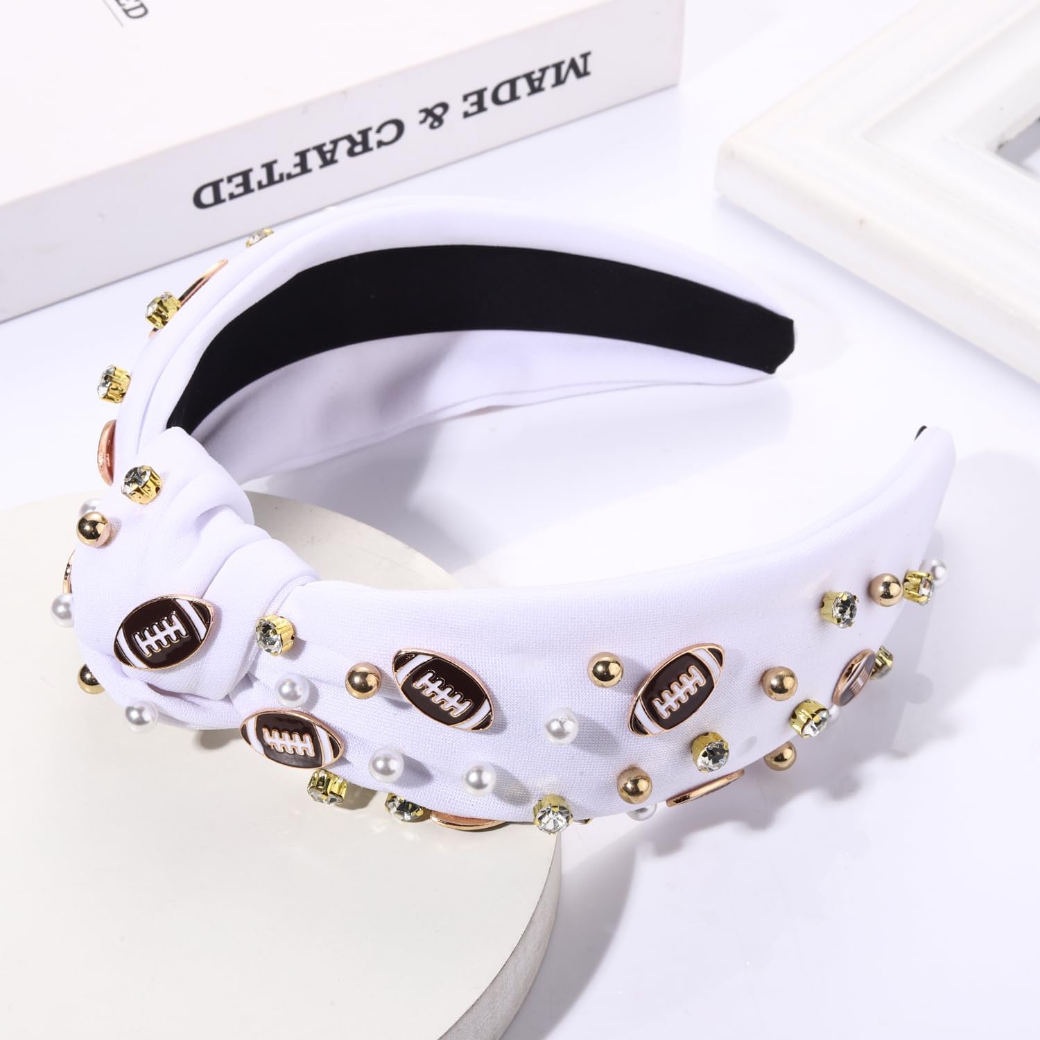 Football Headband for Women Football Accessories Pearl Rhinestone Wide Knot Headband Game Day Football Mom Outfit