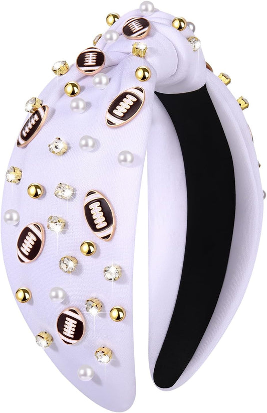 Football Headband for Women Football Accessories Pearl Rhinestone Wide Knot Headband Game Day Football Mom Outfit
