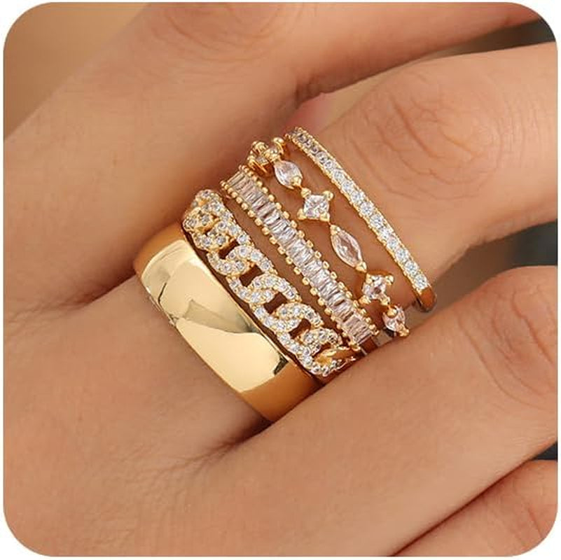 Stackable Gold Rings for Women Non Tarnish Trendy Dainty 14K Gold Plated Stacking Cubic Zirconia Thumb Ring Set Pack Statement Chunky Band Rings Promise Engagement Rings Size 7 8 9 10 11