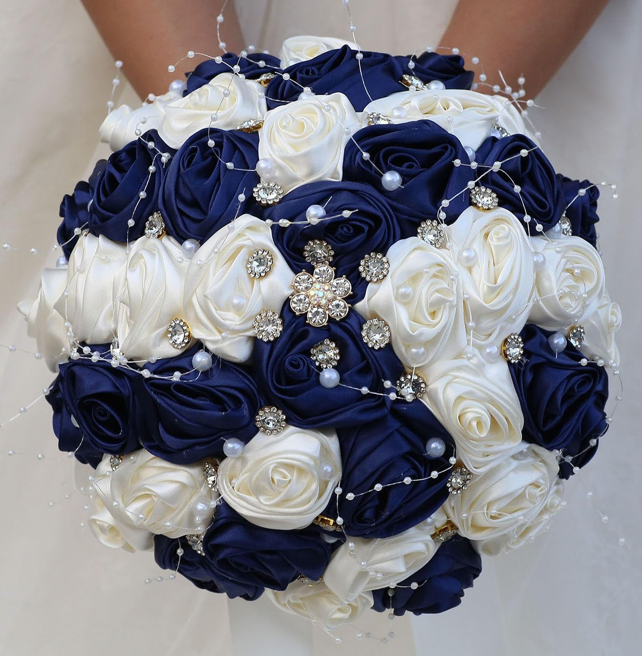 Bridal Wedding Bouquet round Bling Brooch Bouquet Throw Toss Artificial Rose Flower Bunch for Bride Bridesmaid Wedding Quinceanera(White & Black, 7.5")