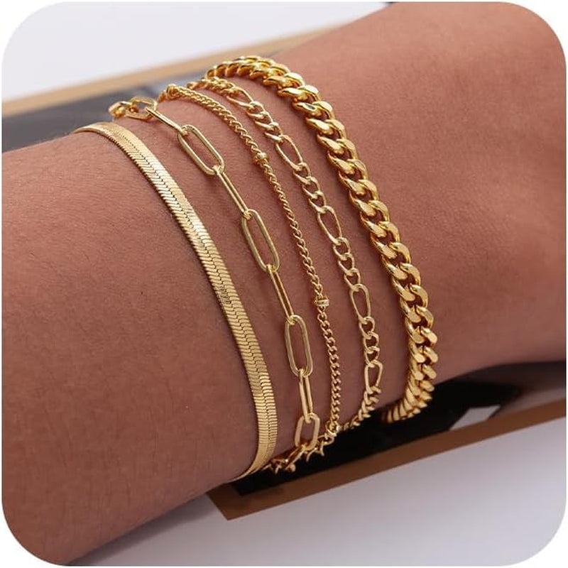 Gold Bracelets for Women Waterproof, 14K Real Gold Jewelry Sets Trendy Thin Dainty Stackable Cuban Link Paperclip Chain Bracelet Pack Fashion Accessories Gifts for Womens