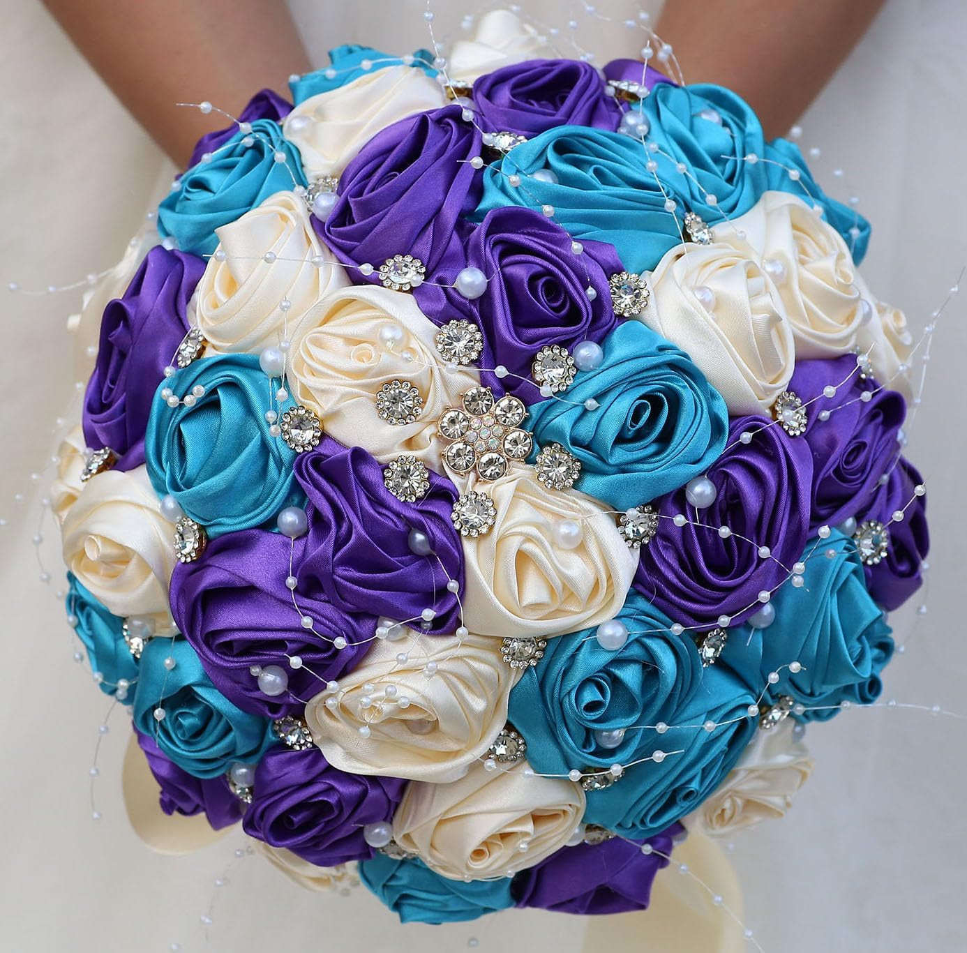 Bridal Wedding Bouquet round Bling Brooch Bouquet Throw Toss Artificial Rose Flower Bunch for Bride Bridesmaid Wedding Quinceanera(White & Black, 7.5")