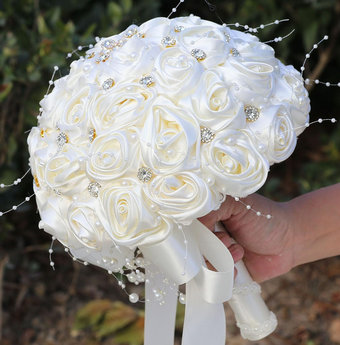 Bridal Wedding Bouquet round Bling Brooch Bouquet Throw Toss Artificial Rose Flower Bunch for Bride Bridesmaid Wedding Quinceanera(White & Black, 7.5")