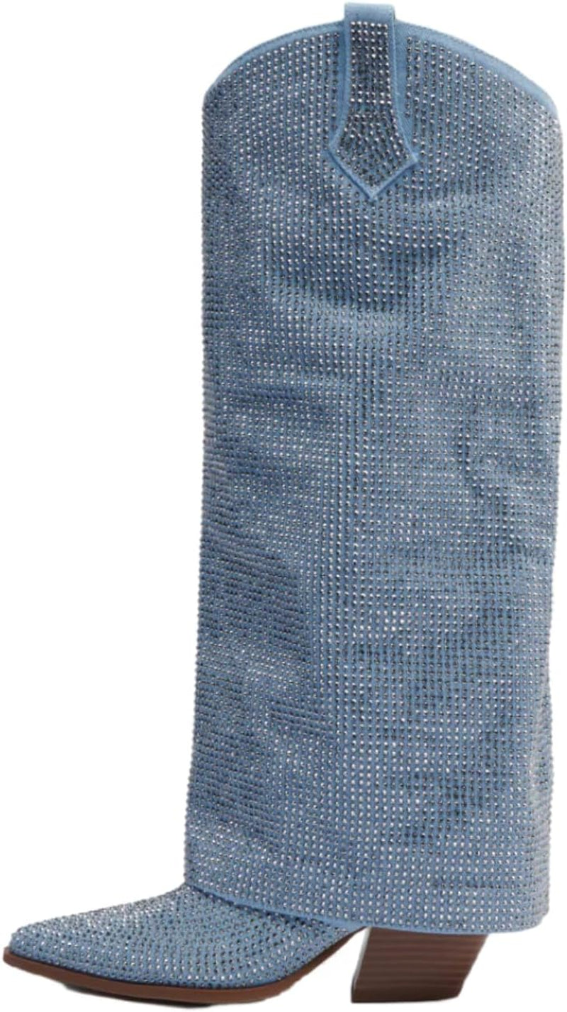 Women'S Sparkly Rhinestone Cowboy Western Denim Boots Knee High Pointed Toe Pull-On Jean Boots