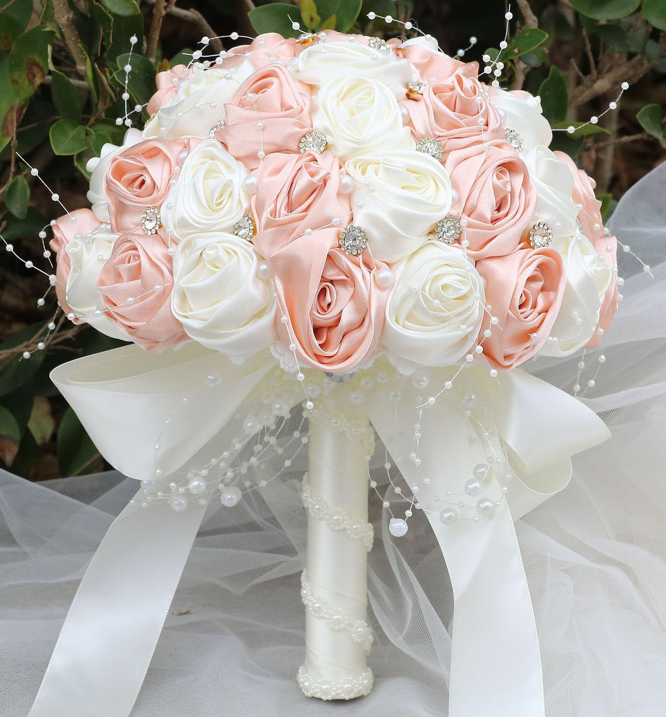 Bridal Wedding Bouquet round Bling Brooch Bouquet Throw Toss Artificial Rose Flower Bunch for Bride Bridesmaid Wedding Quinceanera(White & Black, 7.5")