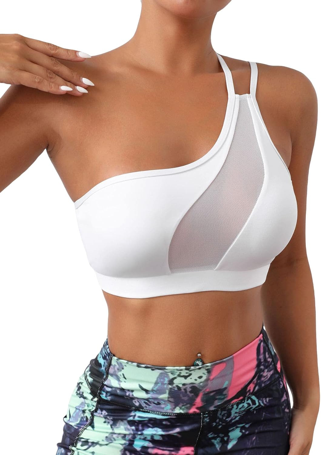 Trendy One-Shoulder Sports Bra Contrast Mesh Yoga Top for Light Support & Stylish Comfort 