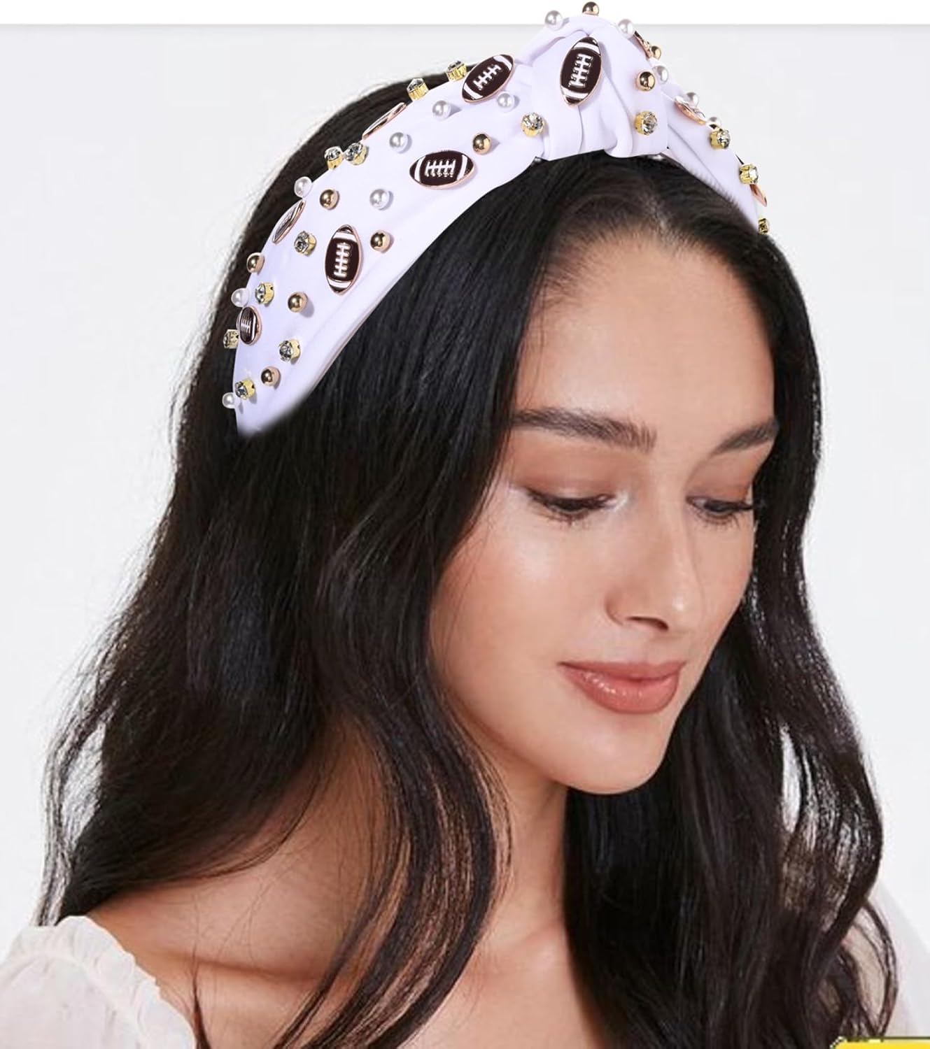 Football Headband for Women Football Accessories Pearl Rhinestone Wide Knot Headband Game Day Football Mom Outfit