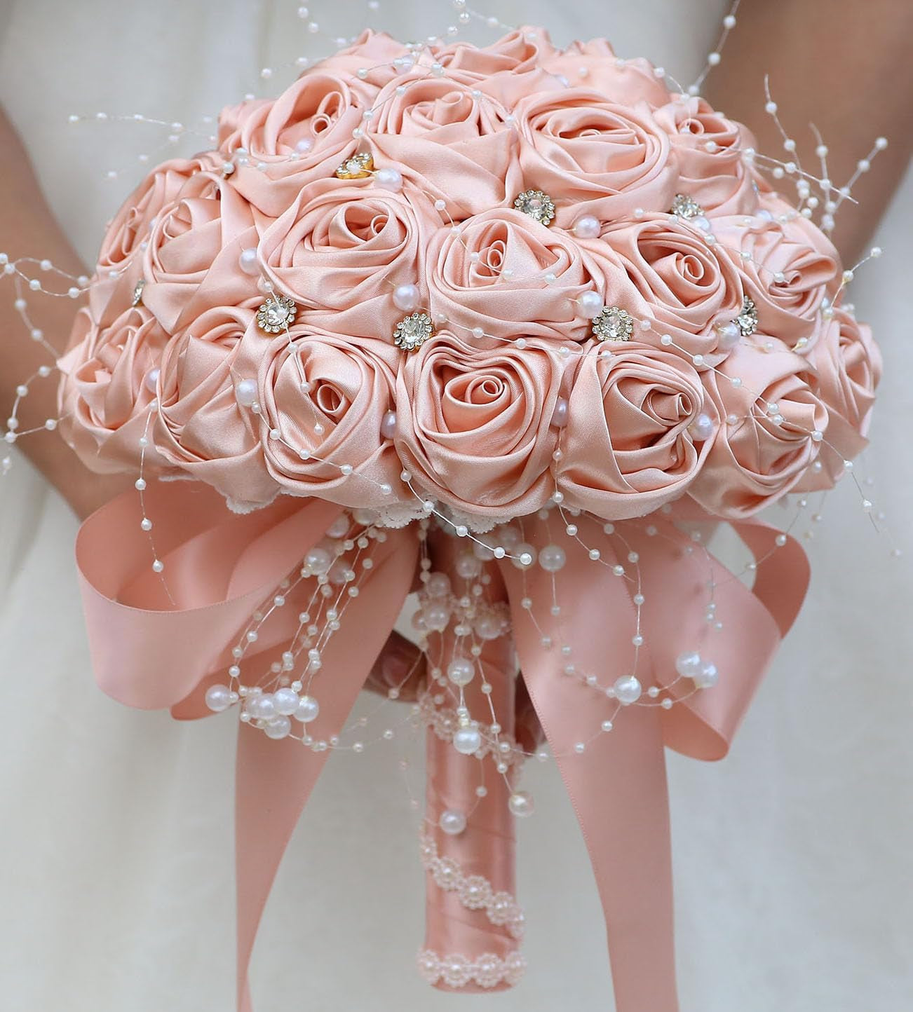 Bridal Wedding Bouquet round Bling Brooch Bouquet Throw Toss Artificial Rose Flower Bunch for Bride Bridesmaid Wedding Quinceanera(White & Black, 7.5")