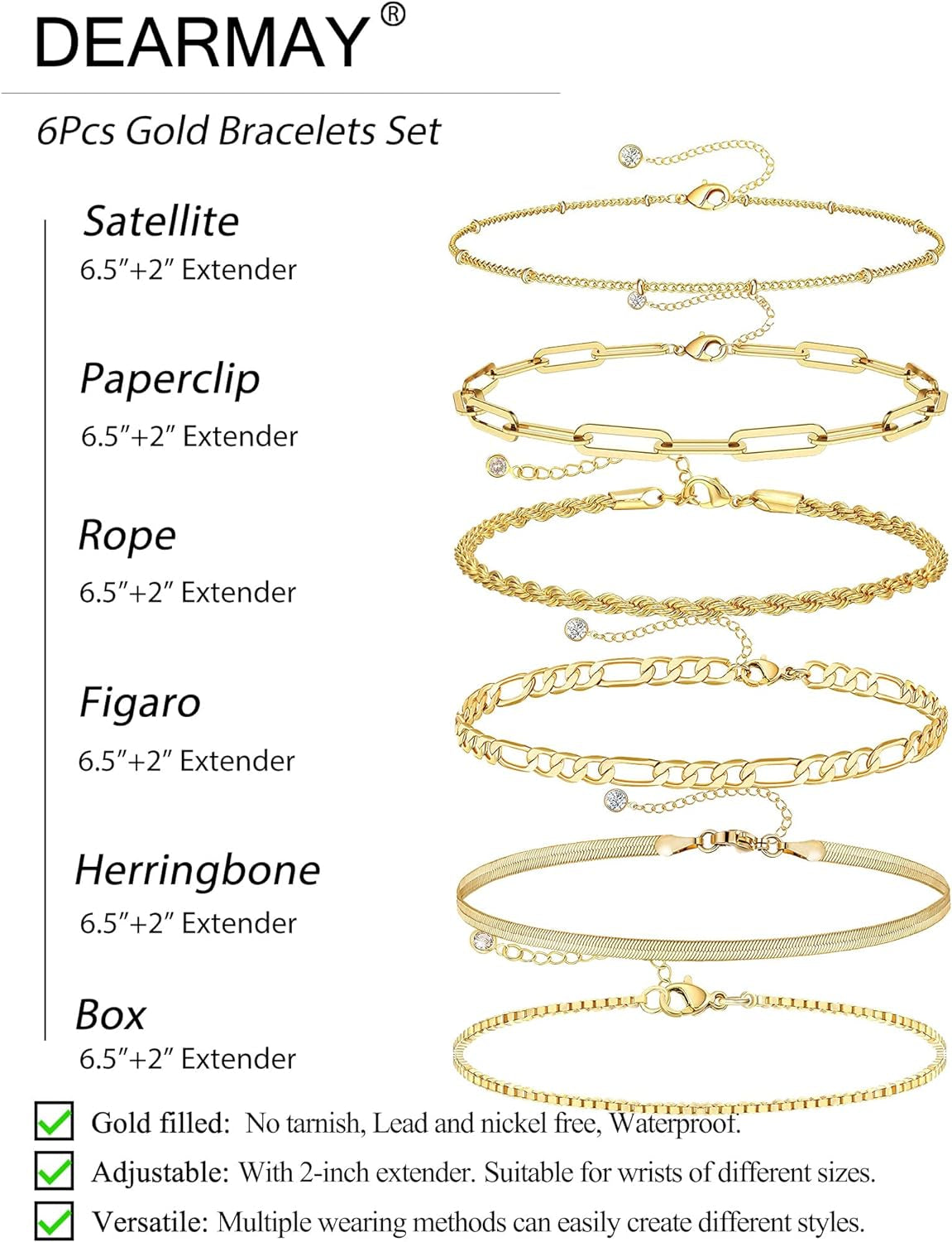 Gold Bracelets for Women Waterproof, 14K Real Gold Jewelry Sets Trendy Thin Dainty Stackable Cuban Link Paperclip Chain Bracelet Pack Fashion Accessories Gifts for Womens