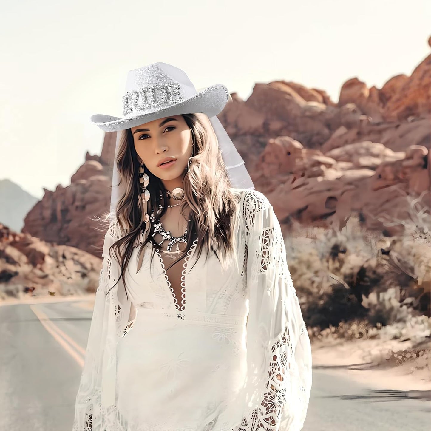 Cowboy Hat with Veil Bachelorette Party, White Cowgirl Hat Wedding, Bridal Shower Decoration, Bride to Be Gift