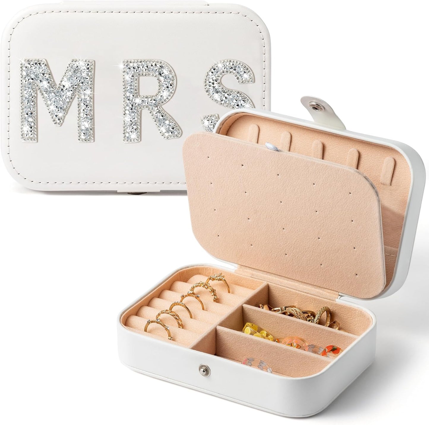 MRS Travel Jewelry Box for Bride Travel Portable Jewelry Case Small Jewelry Organizer Travel Accessories for Women, Bridal Shower Gift Engagement Present, White