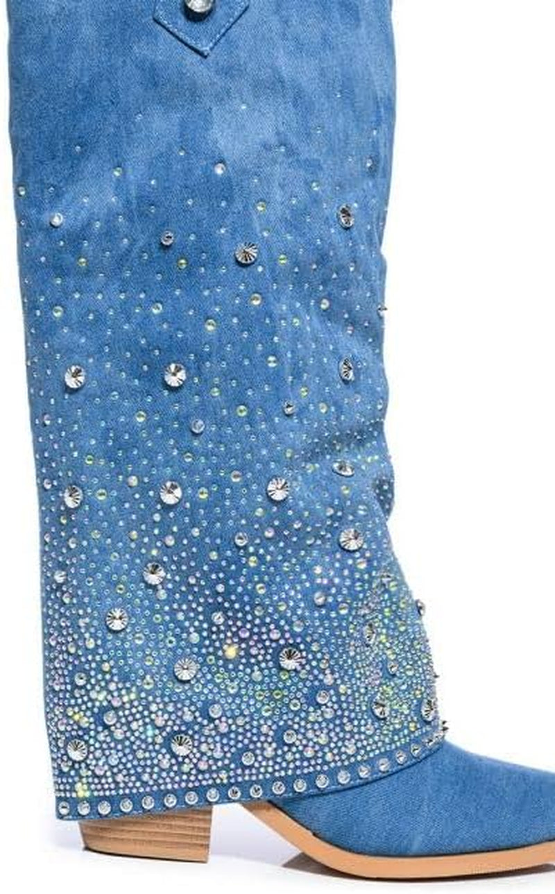 Women'S Sparkly Rhinestone Cowboy Western Denim Boots Knee High Pointed Toe Pull-On Jean Boots