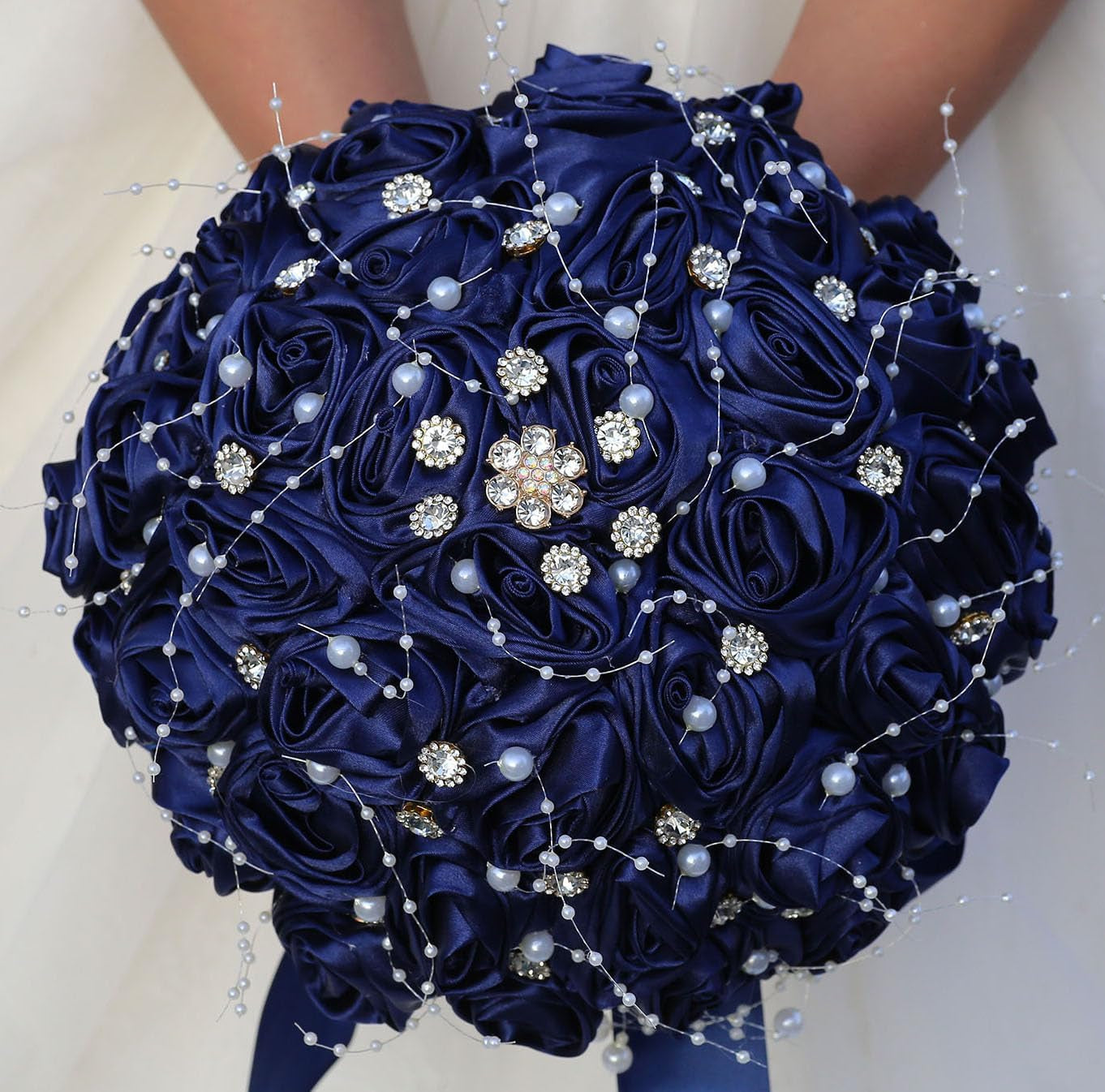 Bridal Wedding Bouquet round Bling Brooch Bouquet Throw Toss Artificial Rose Flower Bunch for Bride Bridesmaid Wedding Quinceanera(White & Black, 7.5")