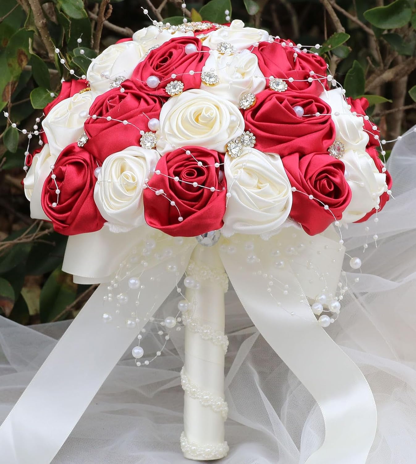 Bridal Wedding Bouquet round Bling Brooch Bouquet Throw Toss Artificial Rose Flower Bunch for Bride Bridesmaid Wedding Quinceanera(White & Black, 7.5")