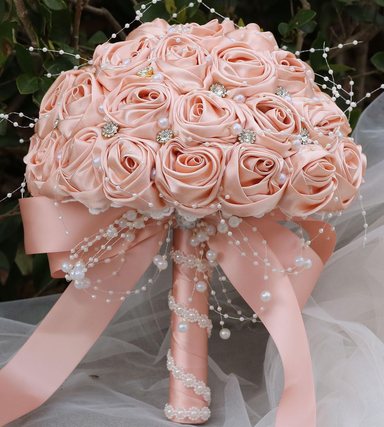 Bridal Wedding Bouquet round Bling Brooch Bouquet Throw Toss Artificial Rose Flower Bunch for Bride Bridesmaid Wedding Quinceanera(White & Black, 7.5")