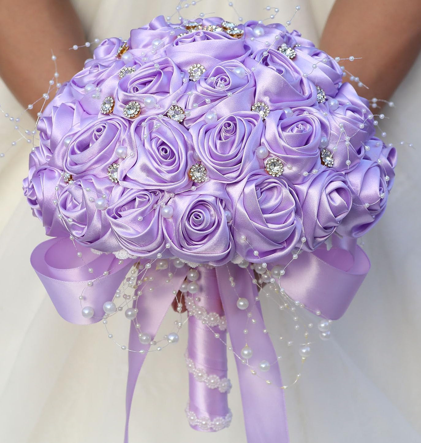 Bridal Wedding Bouquet round Bling Brooch Bouquet Throw Toss Artificial Rose Flower Bunch for Bride Bridesmaid Wedding Quinceanera(White & Black, 7.5")