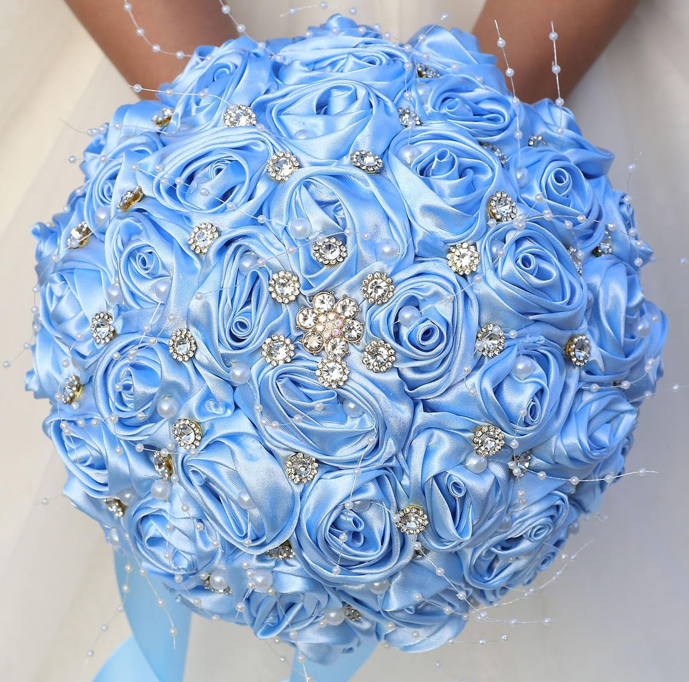 Bridal Wedding Bouquet round Bling Brooch Bouquet Throw Toss Artificial Rose Flower Bunch for Bride Bridesmaid Wedding Quinceanera(White & Black, 7.5")