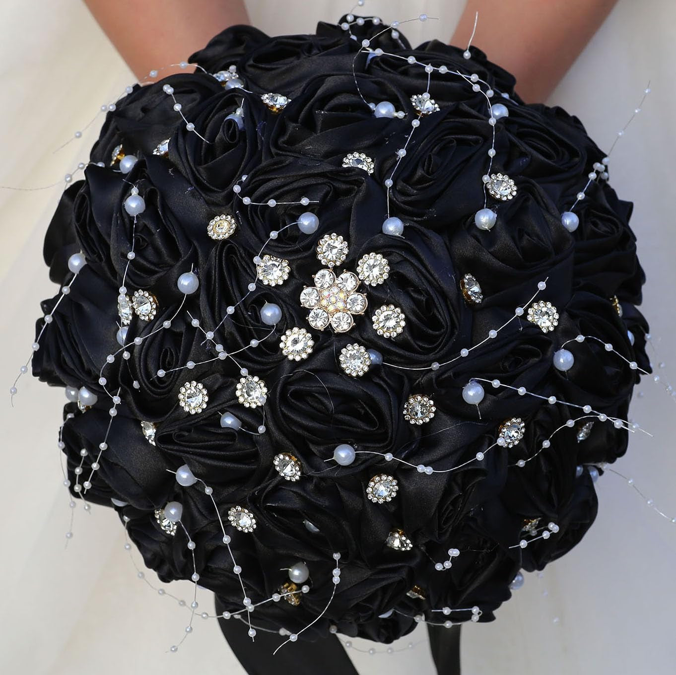 Bridal Wedding Bouquet round Bling Brooch Bouquet Throw Toss Artificial Rose Flower Bunch for Bride Bridesmaid Wedding Quinceanera(White & Black, 7.5")
