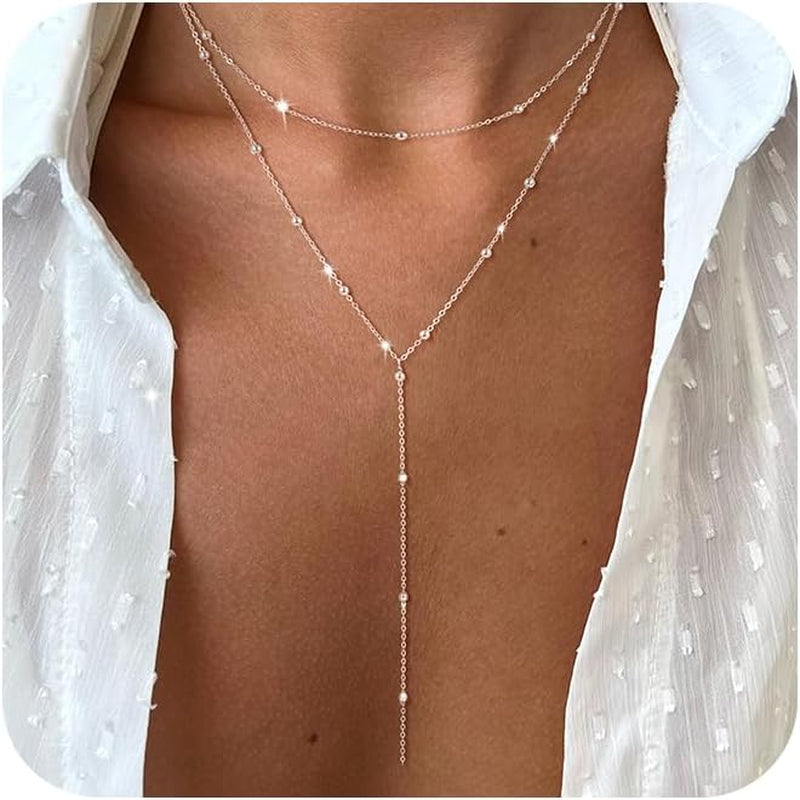 Lariat Gold Necklace for Women, Dainty Long Necklace 14K Gold Plated/Silver Y-Shaped Pendant Necklace Trendy Layered Cz Beaded Chain Drop Necklaces Simple Gold Jewelry for Women Gift