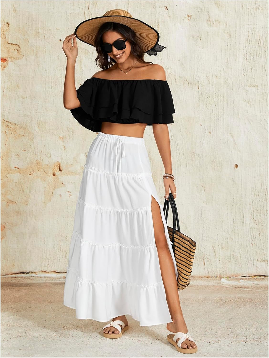 Women'S Elastic Waist Tie Front Tiered Ruffle Hem Long Maxi Skirt Y2K Split Thigh Flowy Skirts