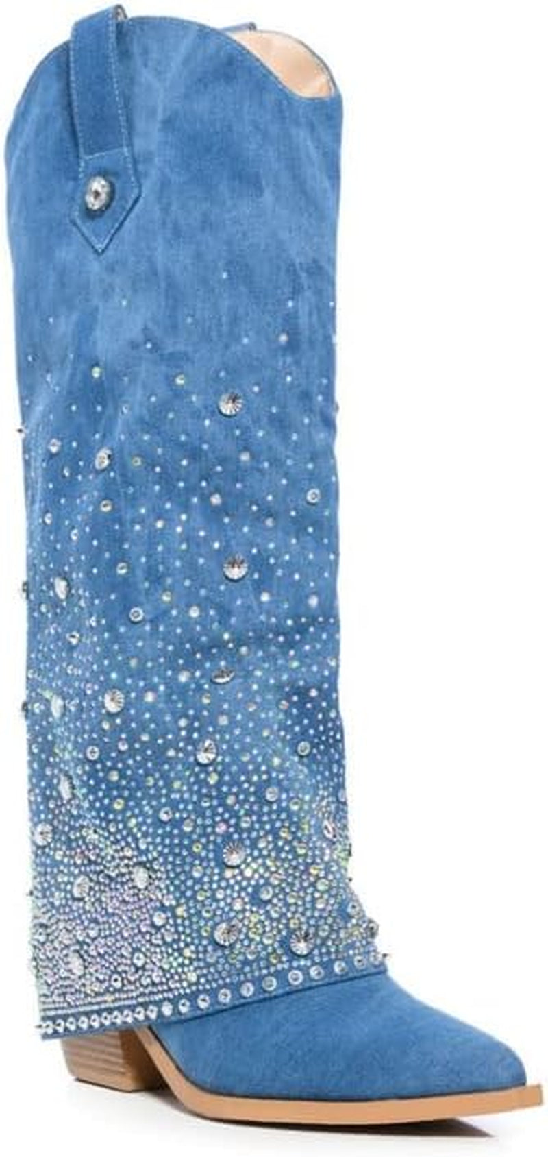 Women'S Sparkly Rhinestone Cowboy Western Denim Boots Knee High Pointed Toe Pull-On Jean Boots